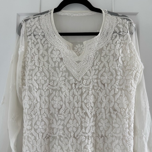 Vintage white silk tunic coverup with hand embroidery - Small - Picture 5 of 7